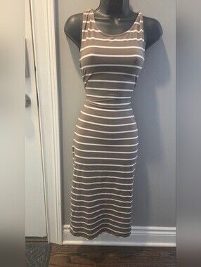 Capezio Taupe & White Striped Sleeveless Midi Dress